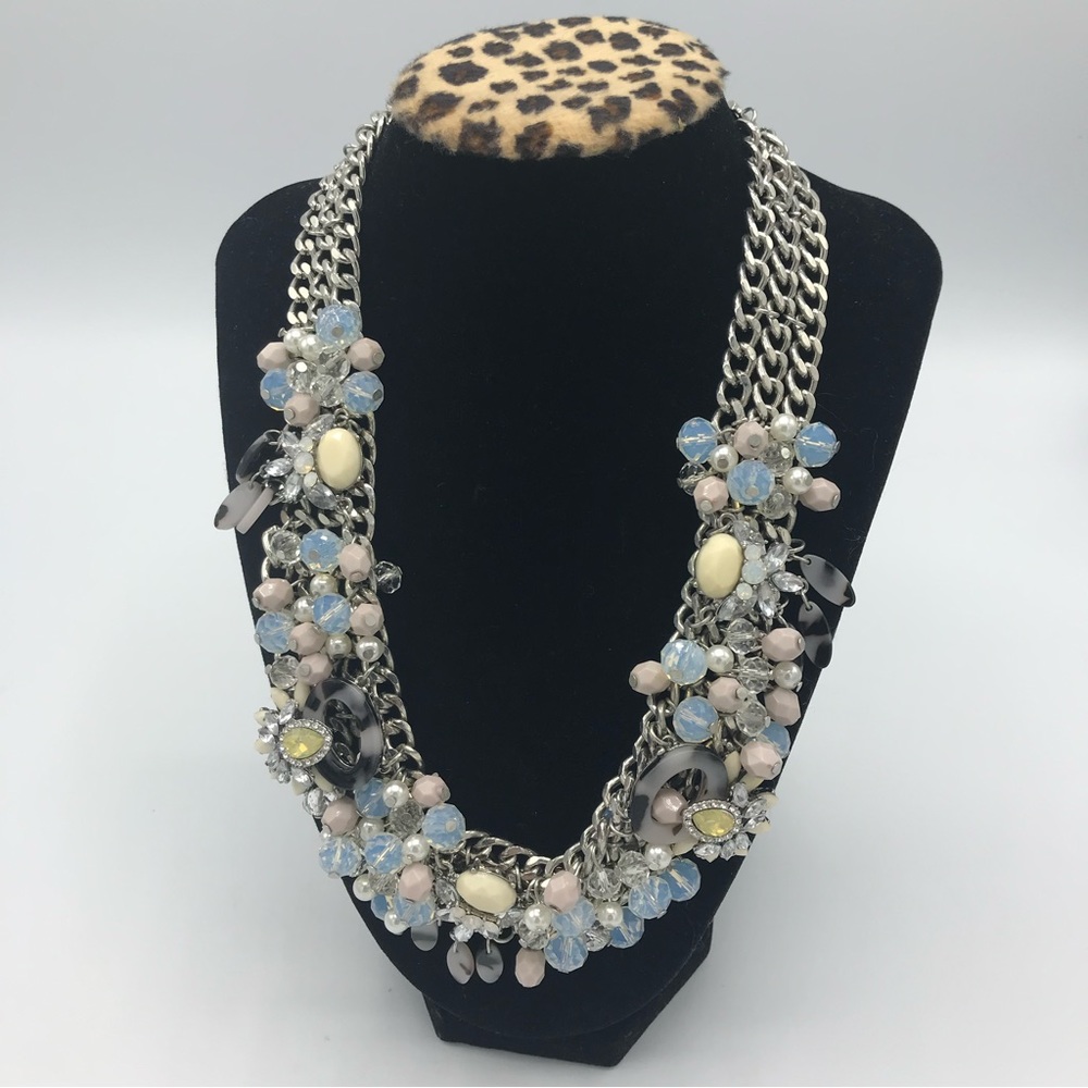 Charming Charlie Multi Colored Bead Bib Necklace Silvertone Signed